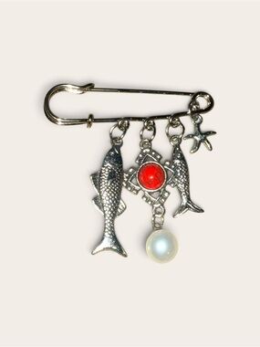 Silver Fish and Faux Pearl Charm Brooch - Red Accent